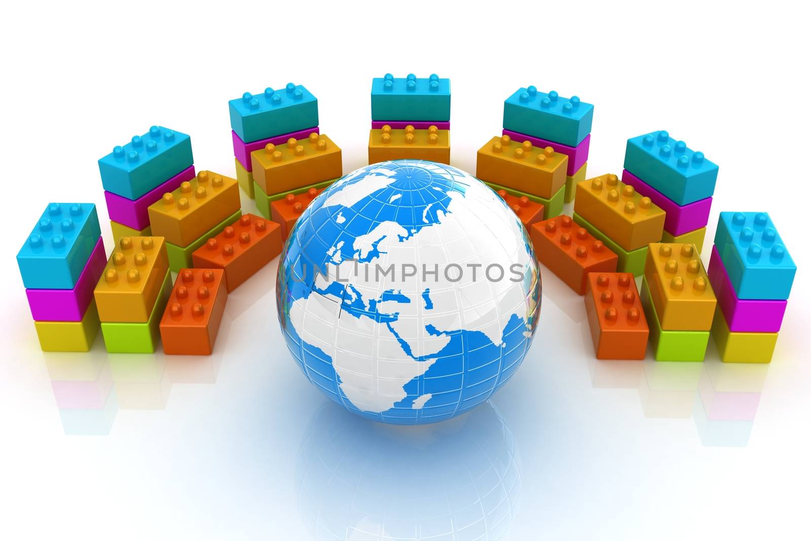 Building blocks efficiency concept on white. Globall with earth