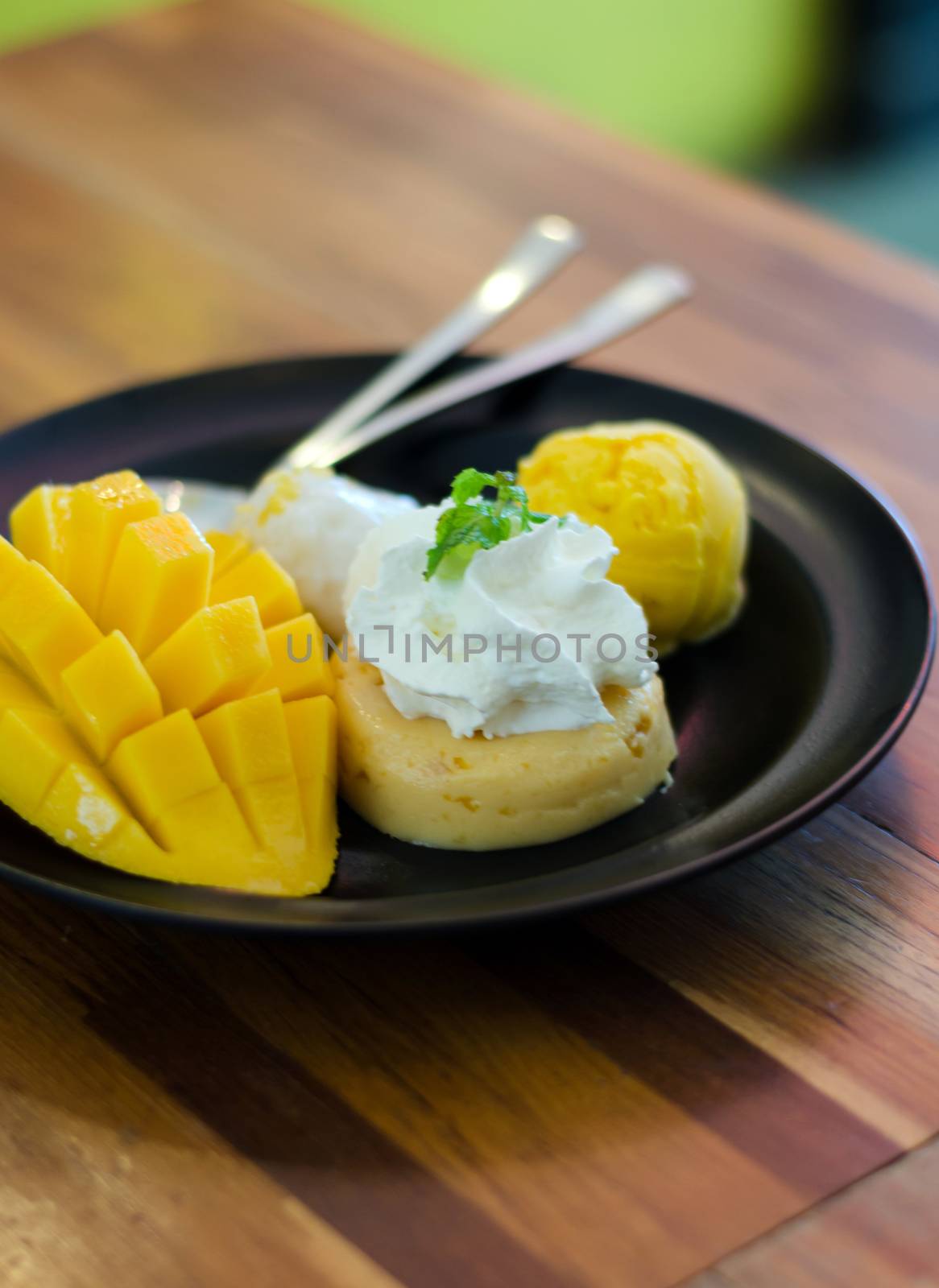 Mango, mango pudding, mango ice cream with sticky rice, Thai dessert