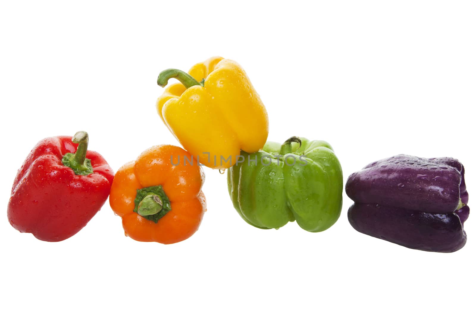 The newest bell pepper hybrid, named Bluejay, adds purple to the lineup of colorful bell peppers that can be used to add color and drama to a salad or dish.  Shot on white background.  