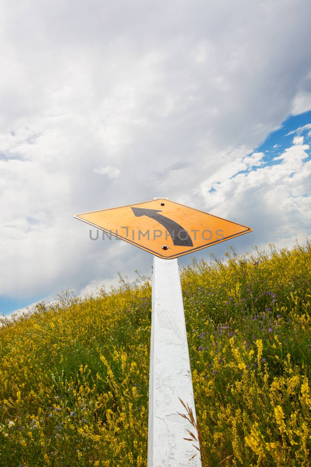 A leaning curve sign, points towards the sky, seeming to conceptualize such phrases as: reach for the sky; the sky is the limit; going up; no where but up from here; and sometimes life throws you a curve!