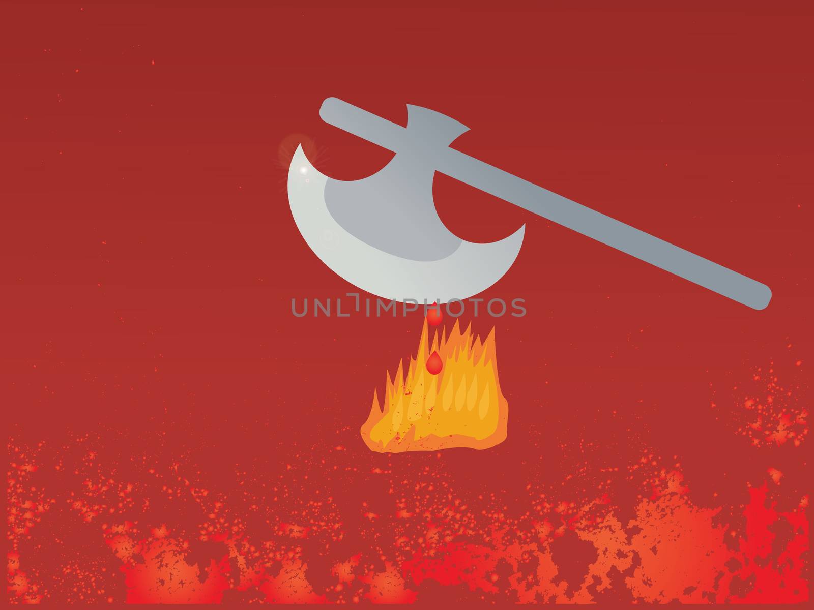 Vector and illustration of axe with fire and blood on red background