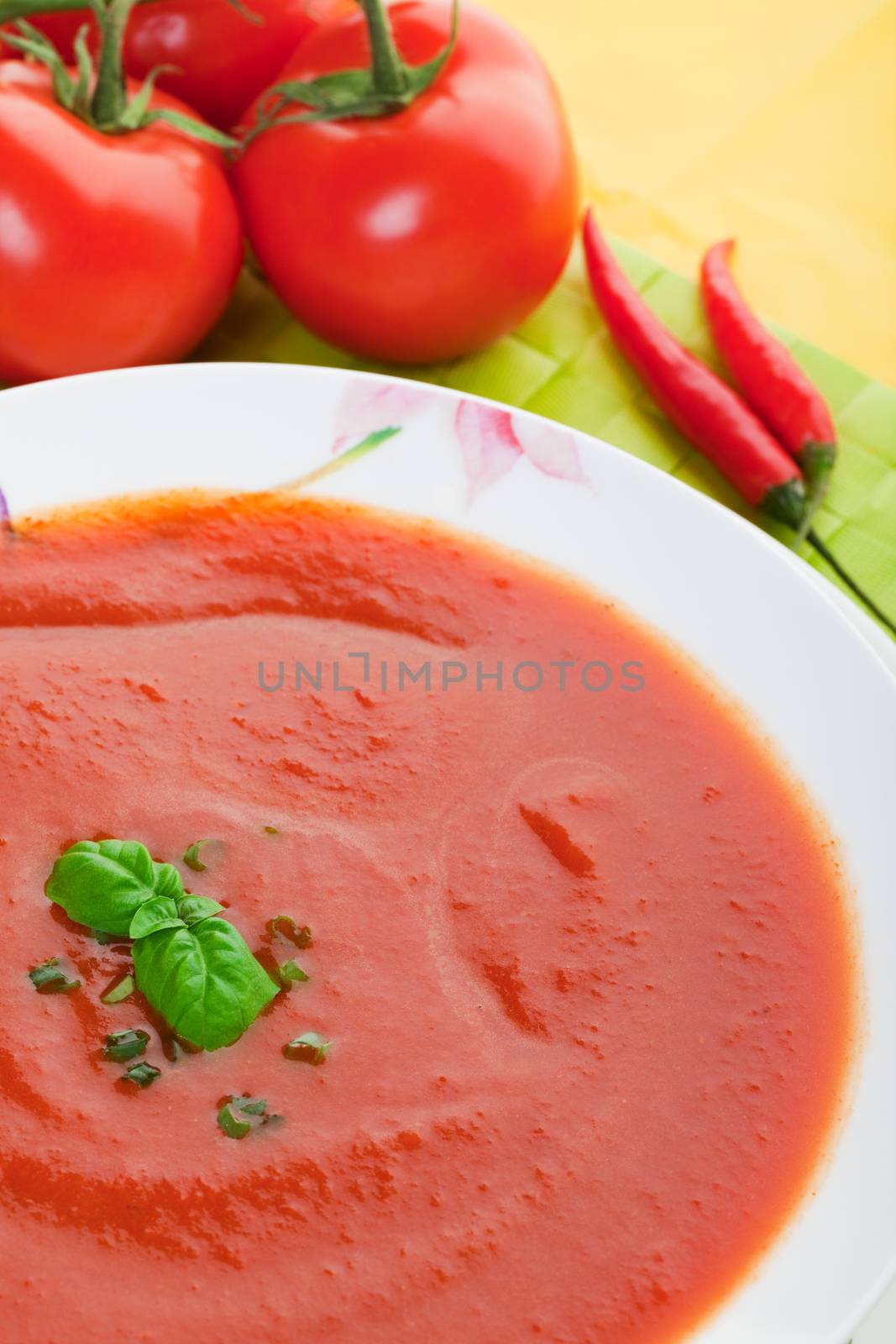 Tomato soup garnished with chives and a sprig of basil.  Selective focus on basil.  Shallow dof.