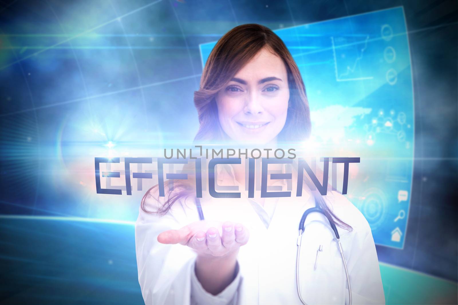 The word efficient and portrait of female nurse holding out open palm against futuristic technology interface