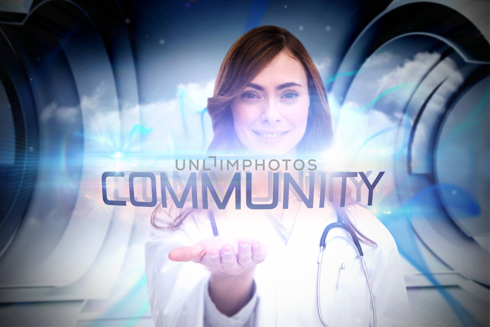 The word community and portrait of female nurse holding out open palm against abstract blue cloud design