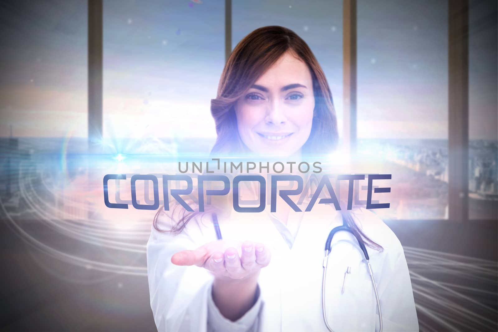 The word corporate and portrait of female nurse holding out open palm against abstract white line design in room