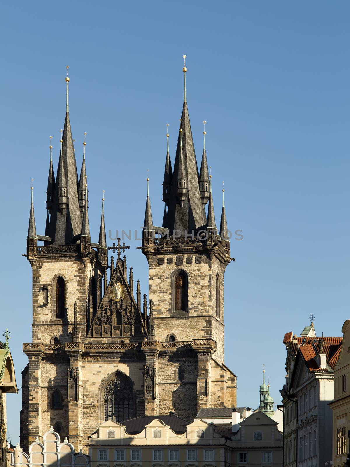 The Church of Our Lady before Tyn (in Czech Kostel Matky Bozi pred Tynem, also Tynsky chram (Tyn Church) or just Tyn) is a dominant feature of the Old Town of Prague, Czech Republic, and has been the main church of this part of the city since the 14th century. The church towers are 80 m high and topped by four small spires.
Prague, Czech republic, Europe.
