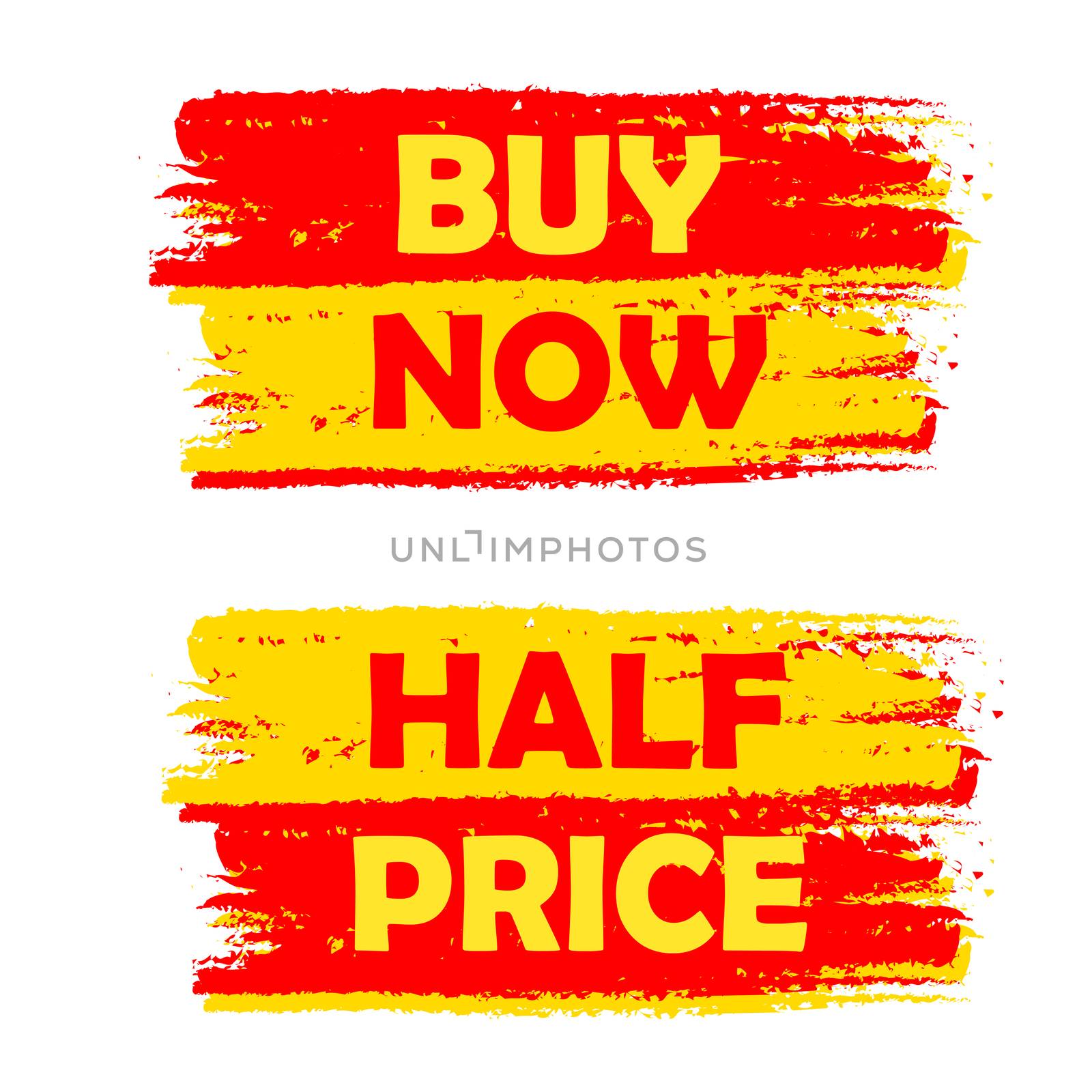 buy now and half price, yellow and red drawn labels by marinini