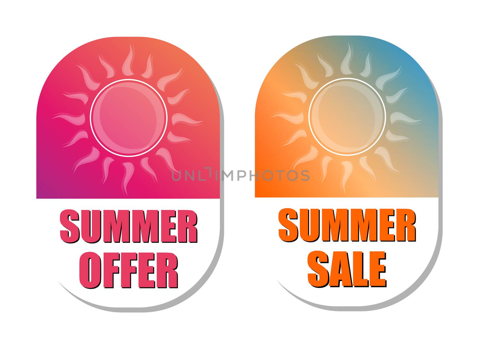 summer offer and sale with sun signs, flat design labels by marinini