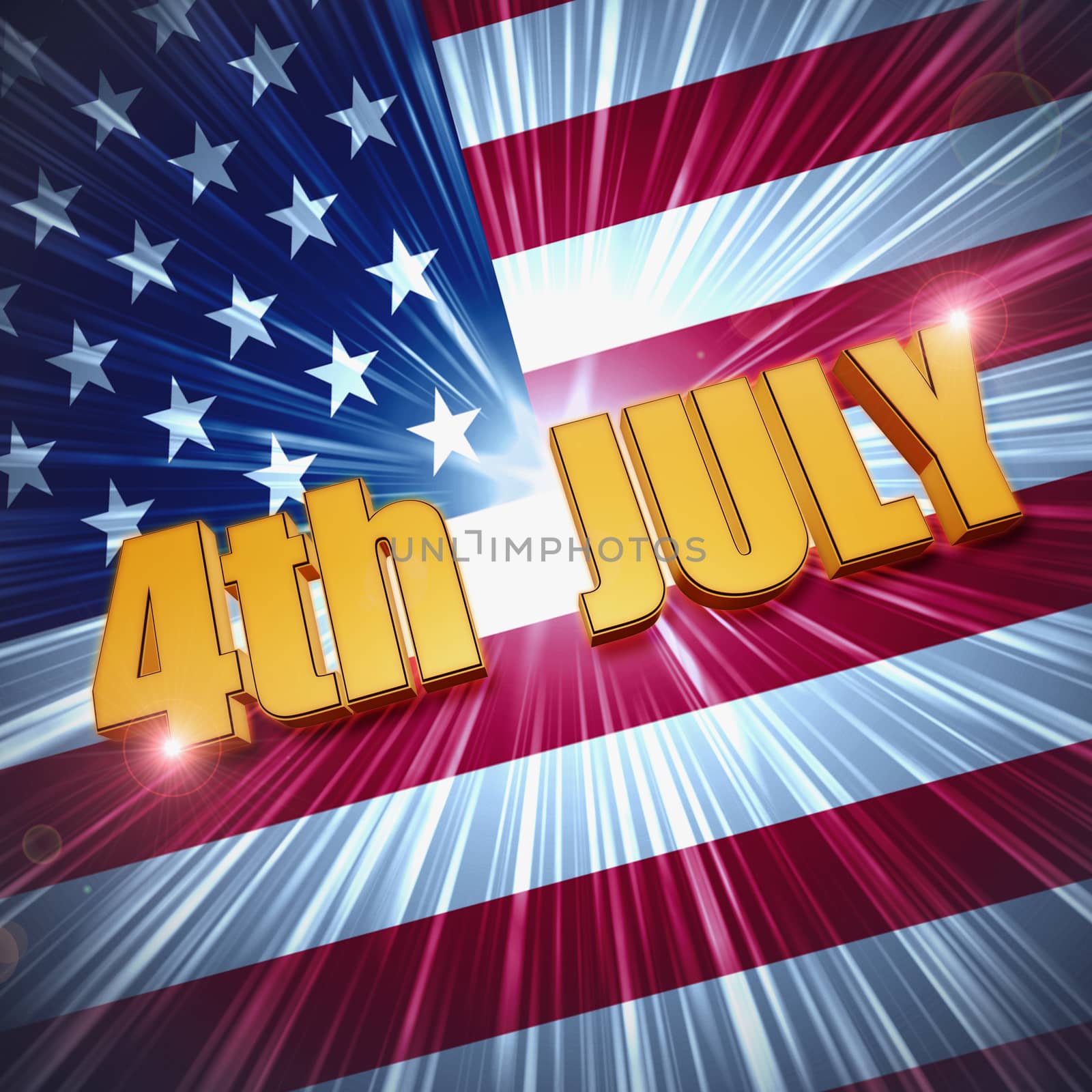 4th of July - 3d golden text with shining american flag, usa independence holiday concept