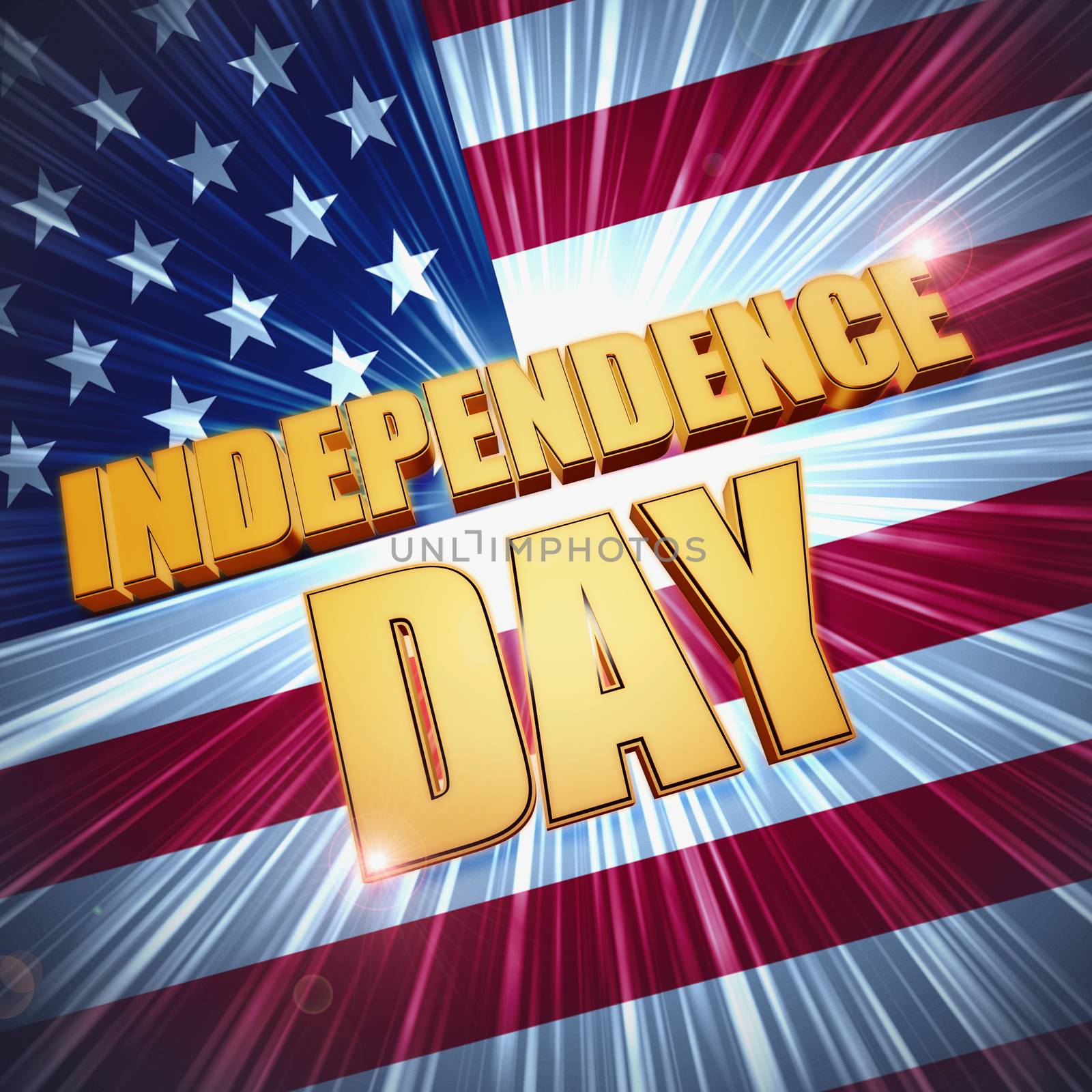 Independence Day - 3d golden text with shining american flag, usa holiday concept
