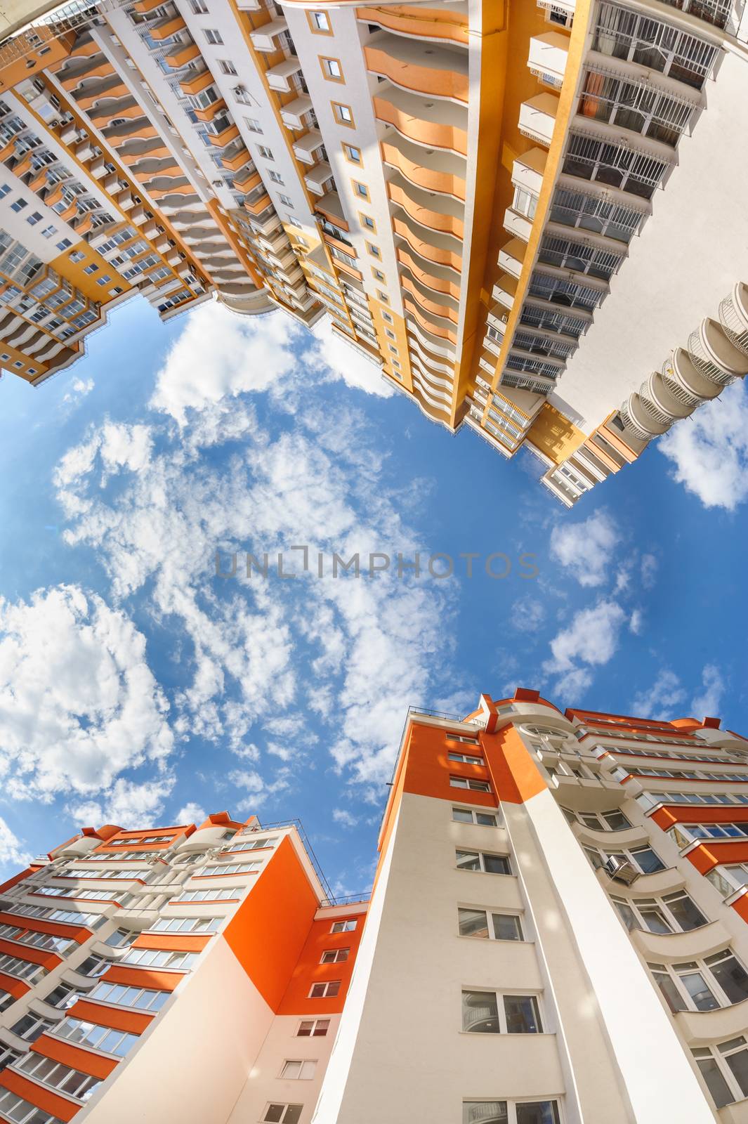 Fisheye shot of new apartments buildings exterior