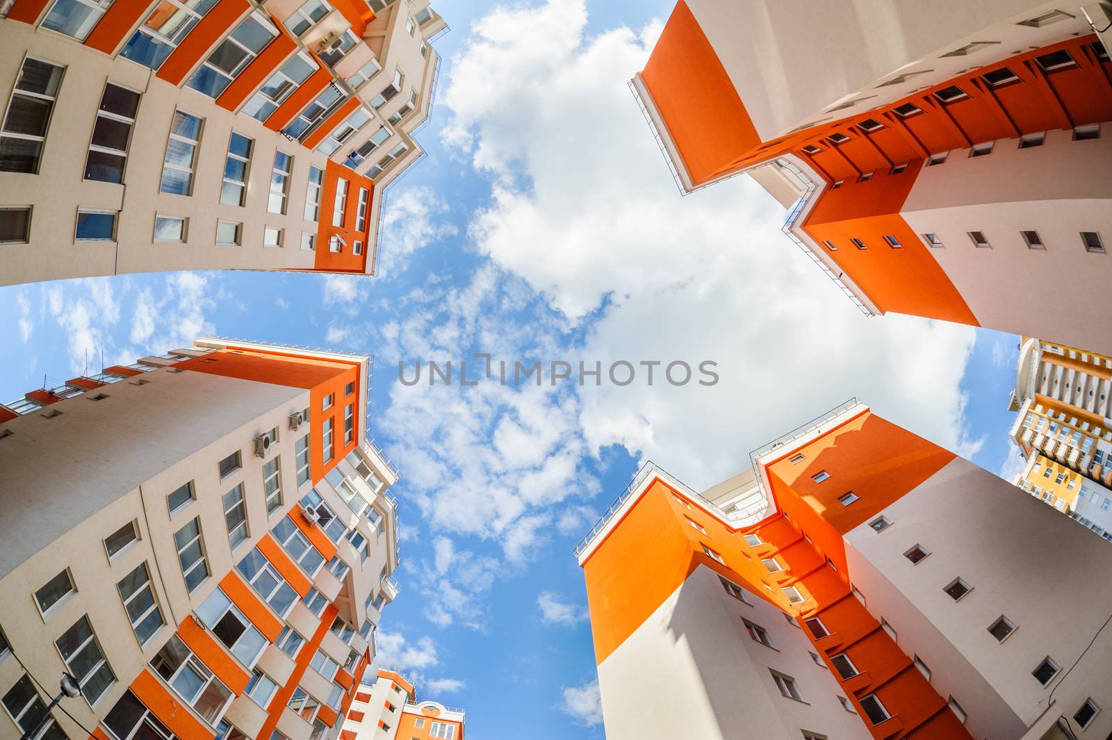 Fisheye shot of new apartments buildings exterior