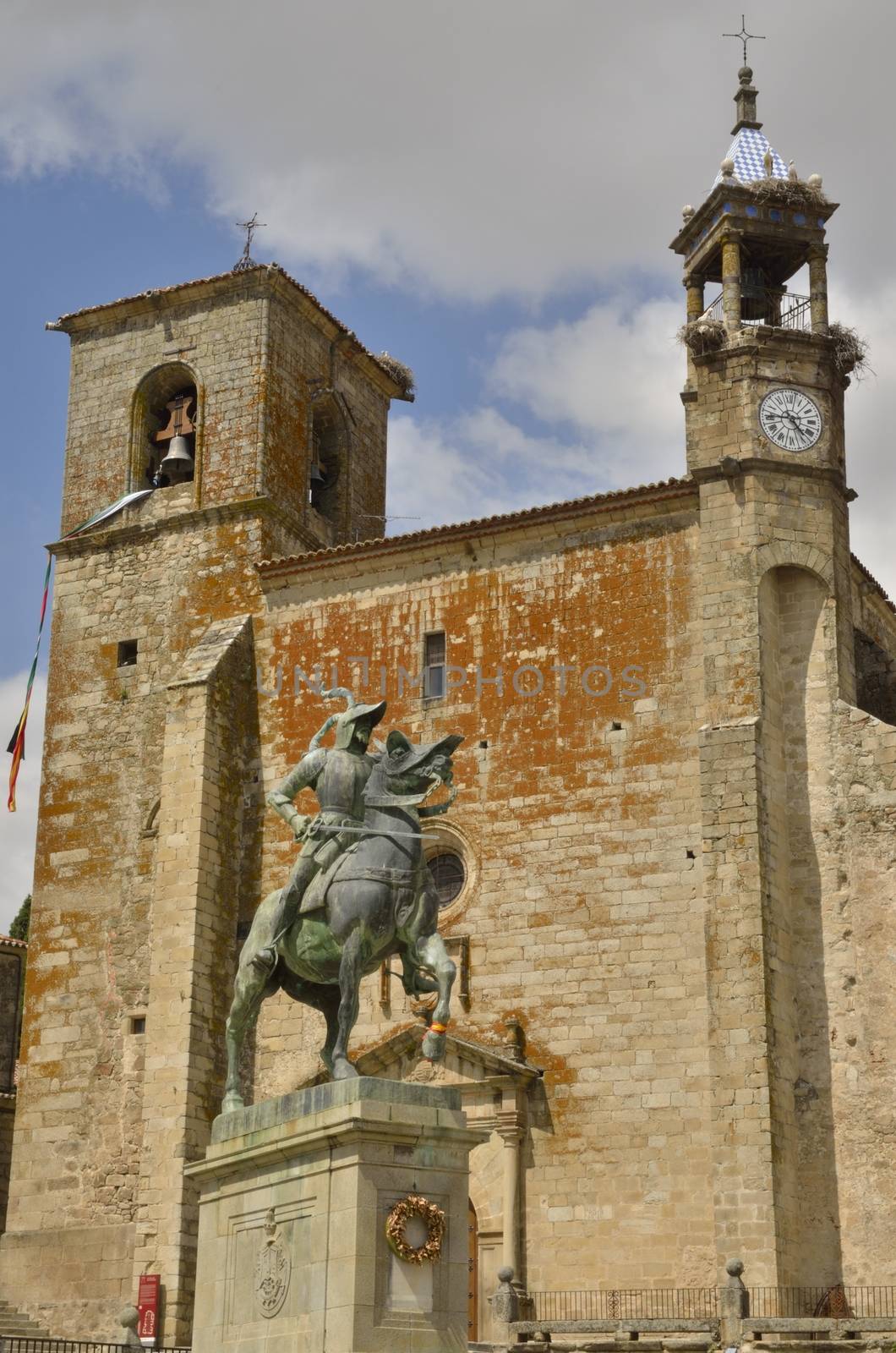 Equestrian statue of Francisco Pizarro, Spanish conqueror, in front of a church in the main square of Trujillo, Caceres, Spain.