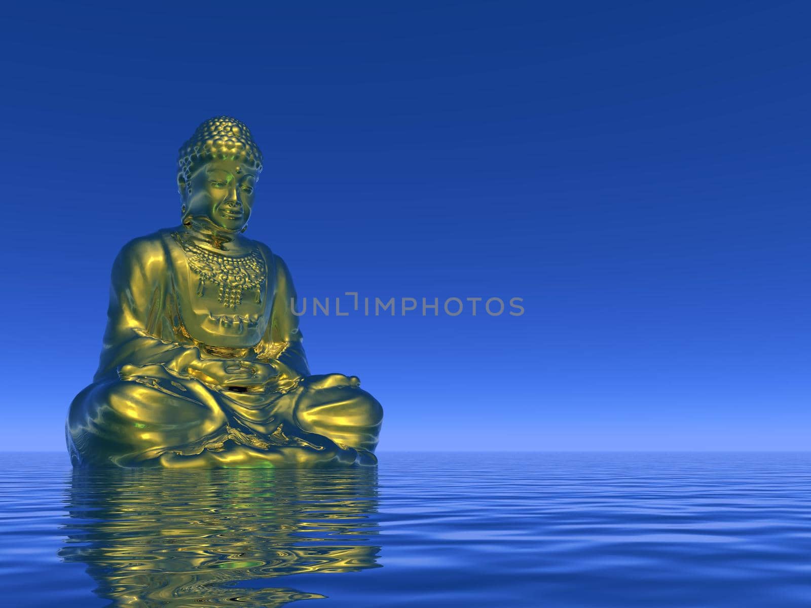 One golden buddha meditating on water by blue night