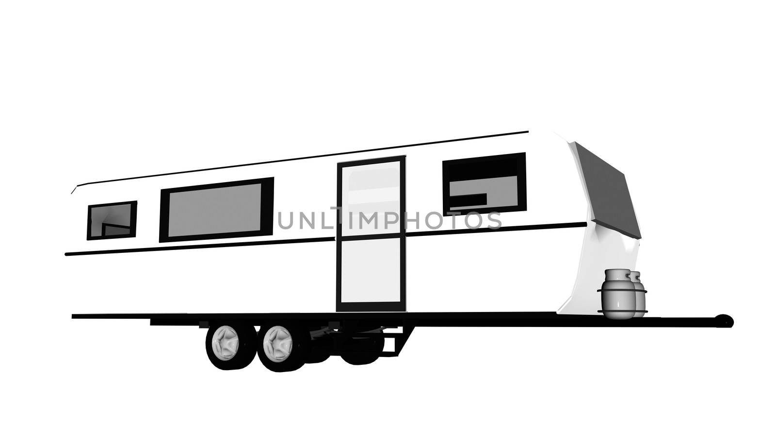 Big caravan with four wheels in white background