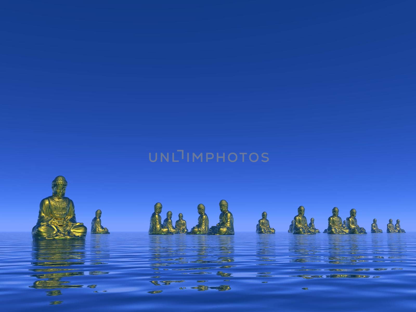 Many golden buddhas meditating on water by blue night