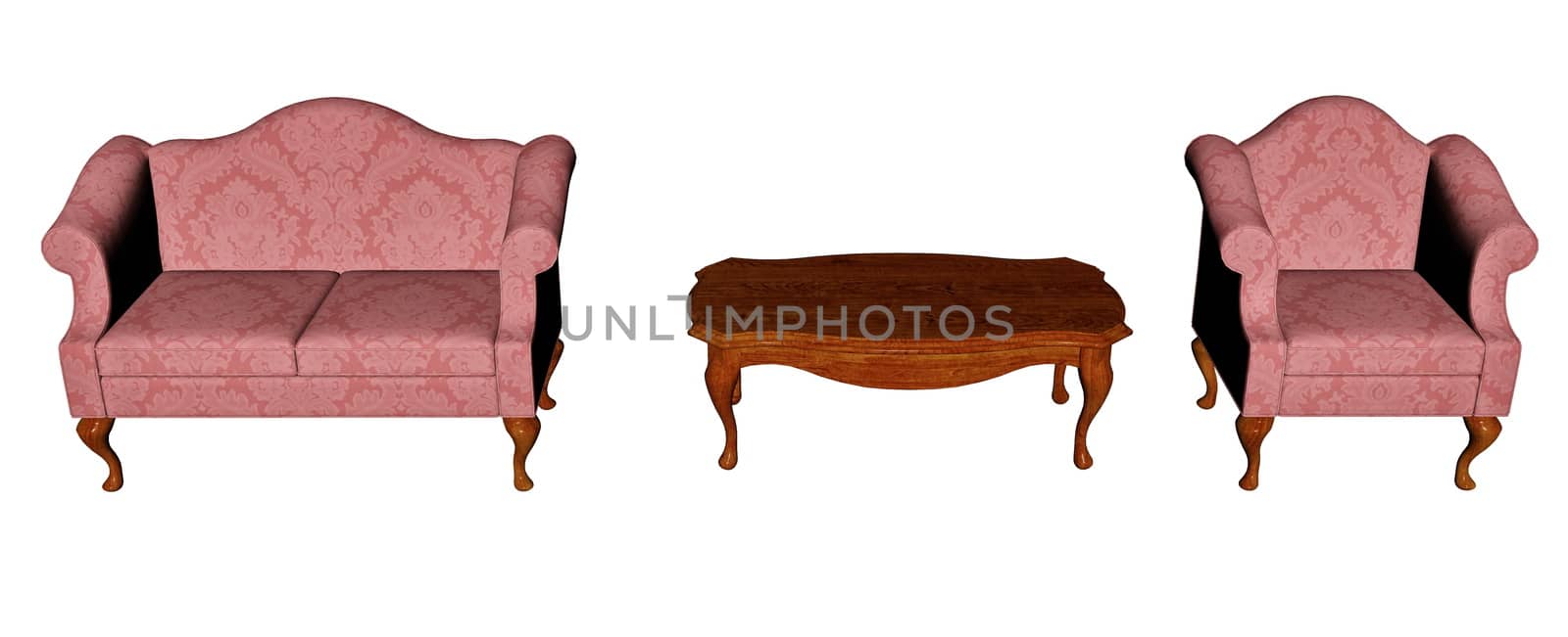Vintage chair, sofa and table isolated in white background