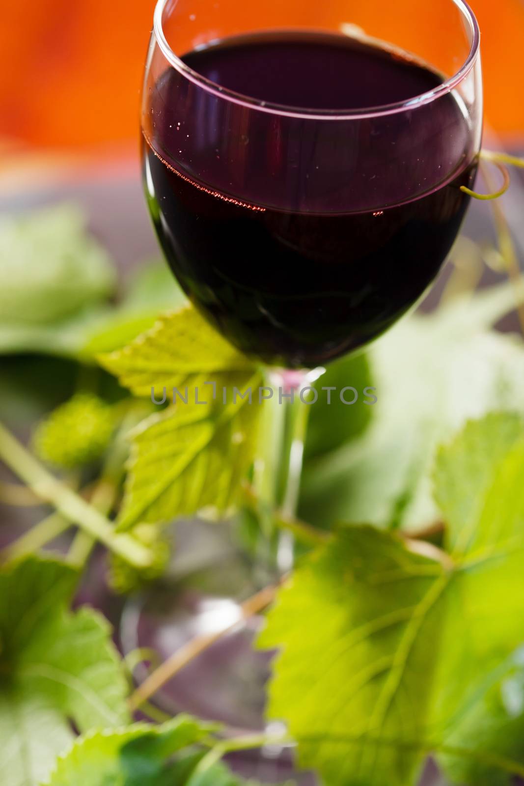 Red wine in glass with grape leaves