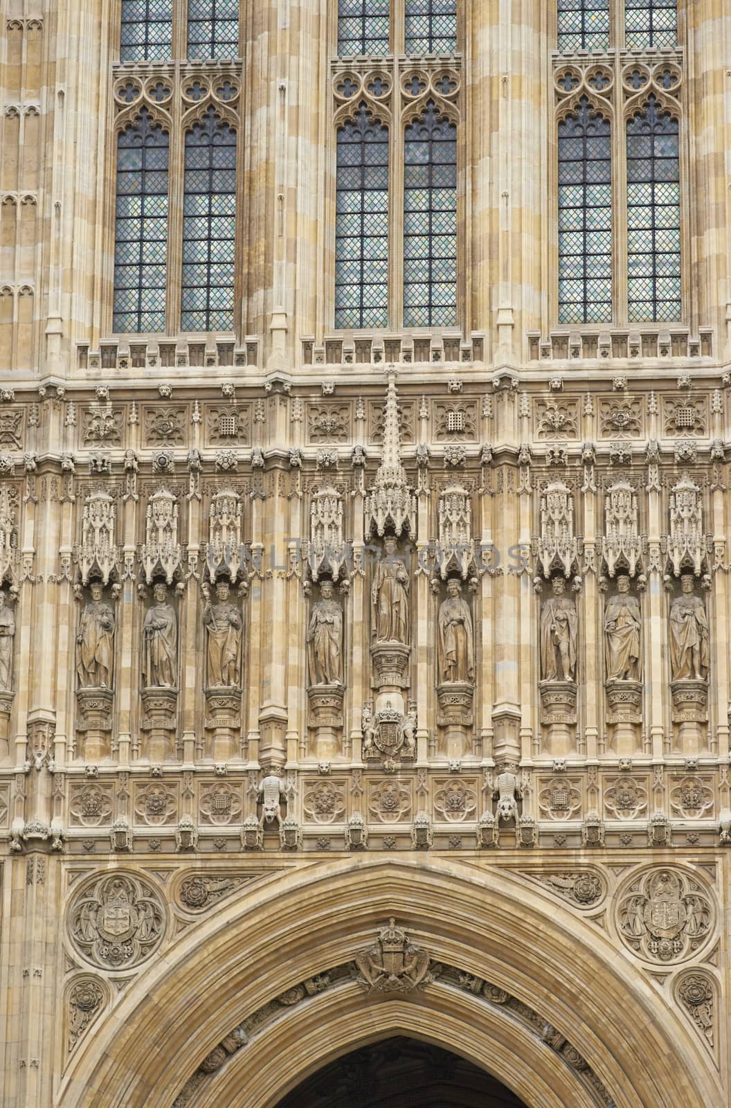 Detail of the stonework of the Victoria Tower above the Sovereigns Entrance to the Houses of Parliament in London, England