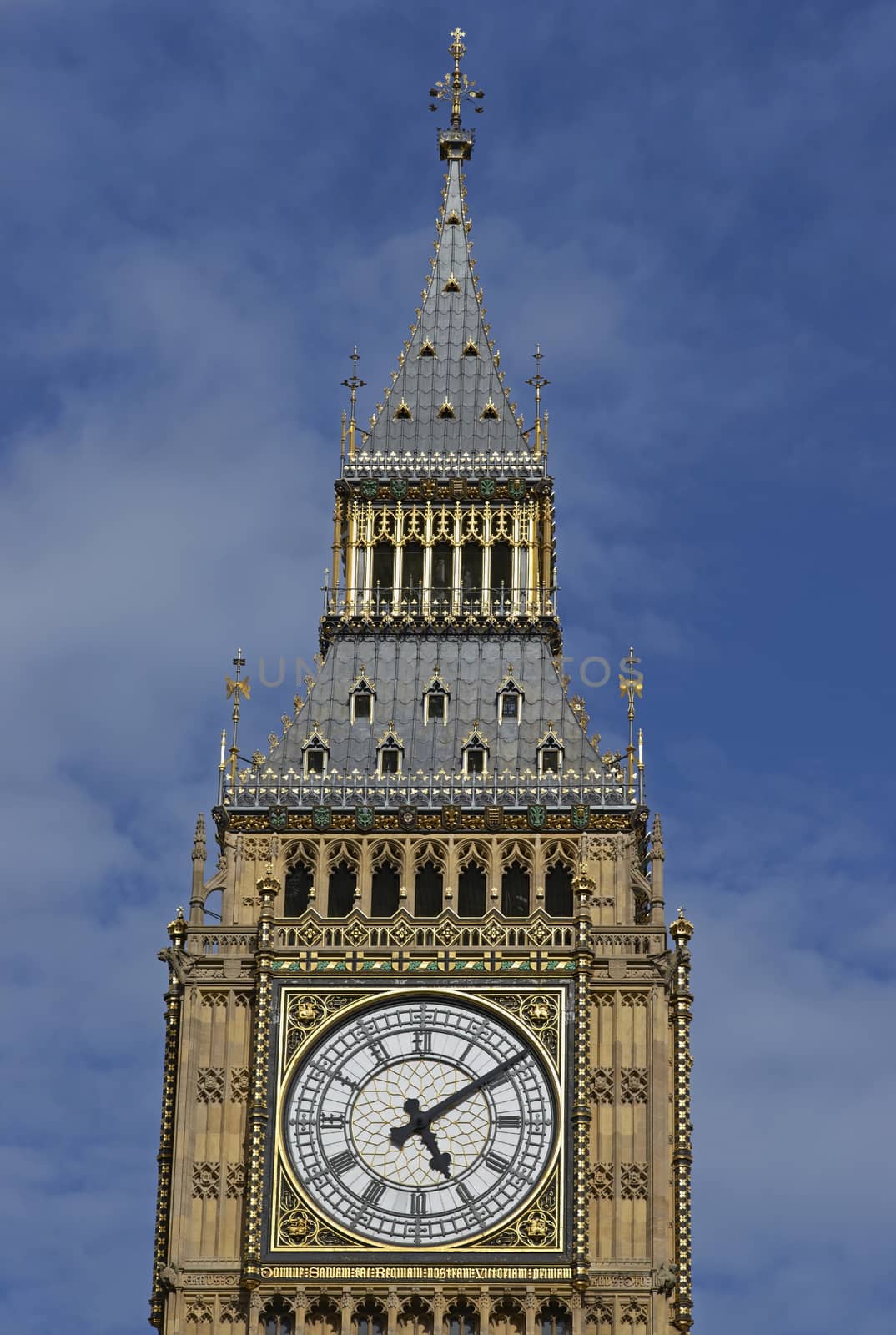 Elizabeth Tower of the Houses of Parliament in London, England. Previously called the Clock Tower, it houses the bell named Big Ben.