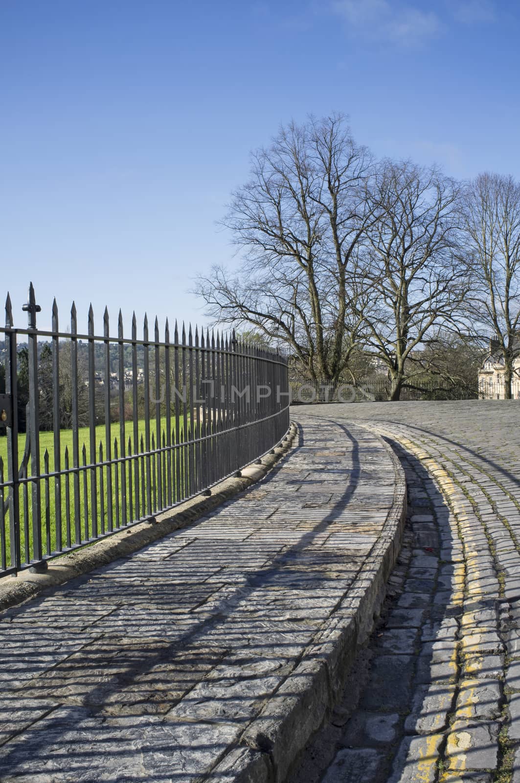 Cobbled road of the Royal Crescent in Bath, Somerset, England