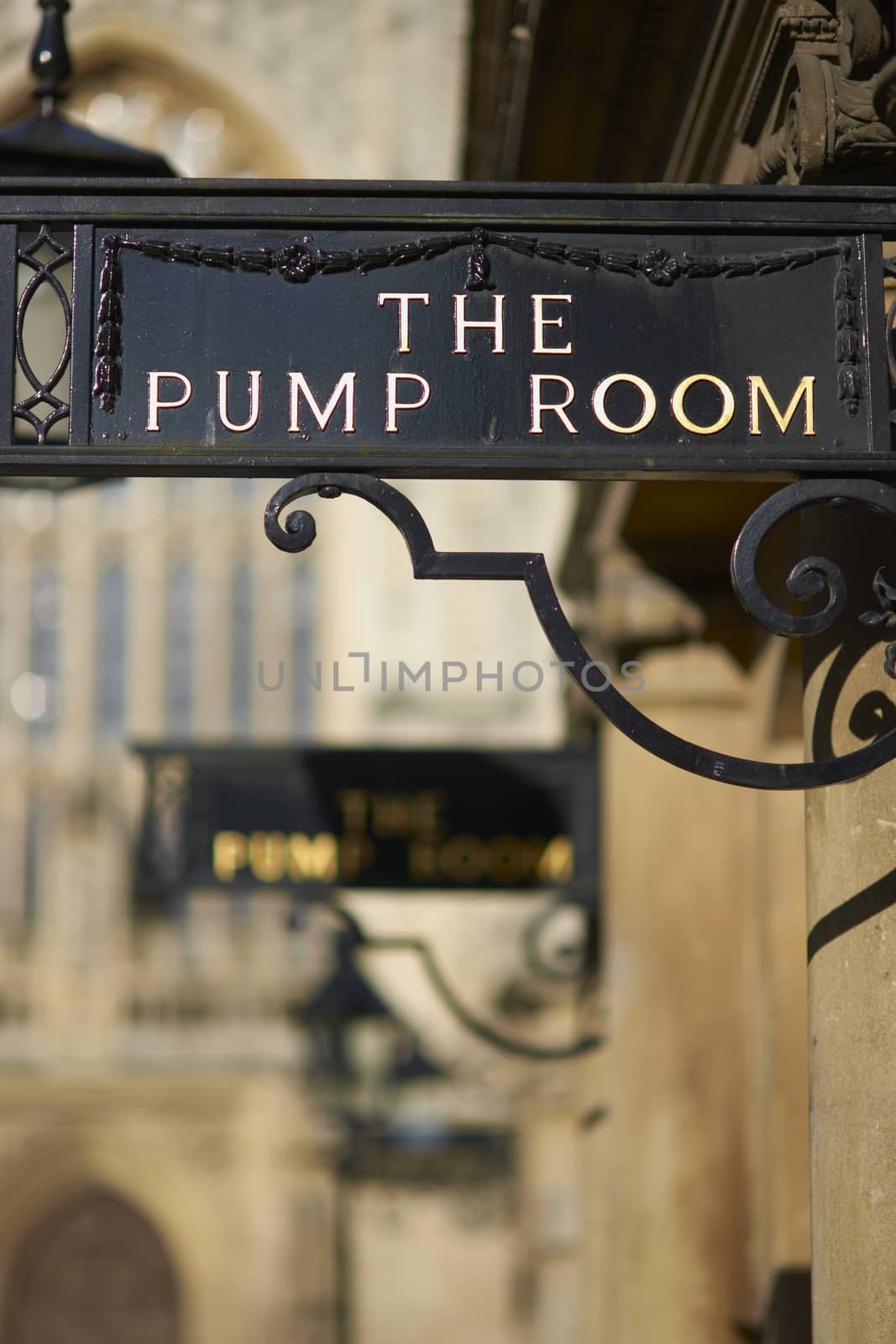 Entrance to the historic Roman Baths in the centre of the Georgian city of Bath in Somerset, England