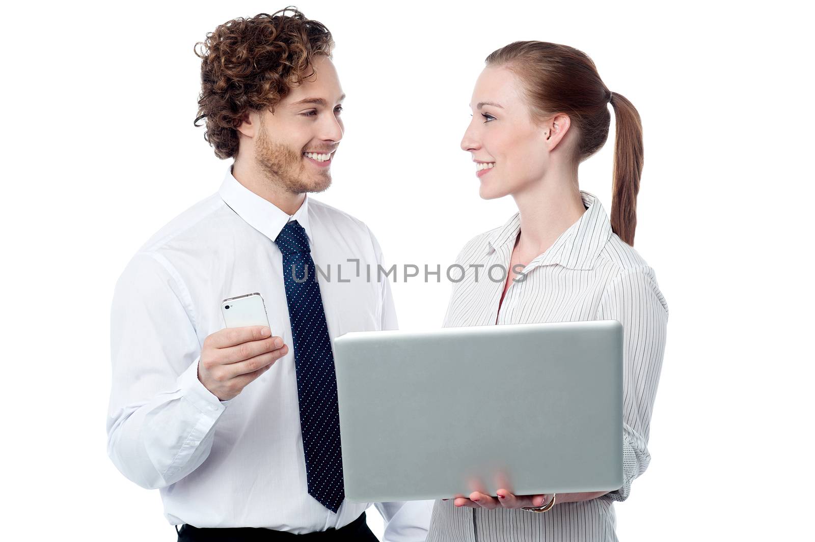 Smiling corporate workers with laptop, isolated on white