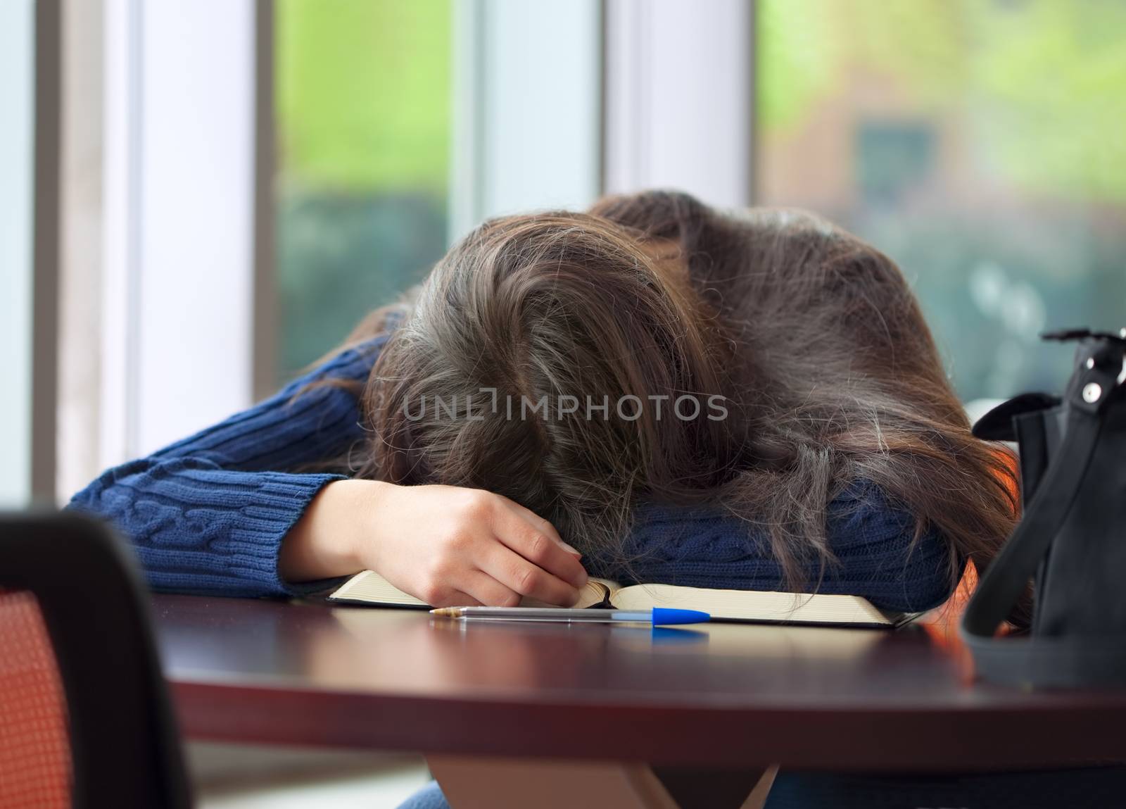 Tired student asleep at school table, head on book