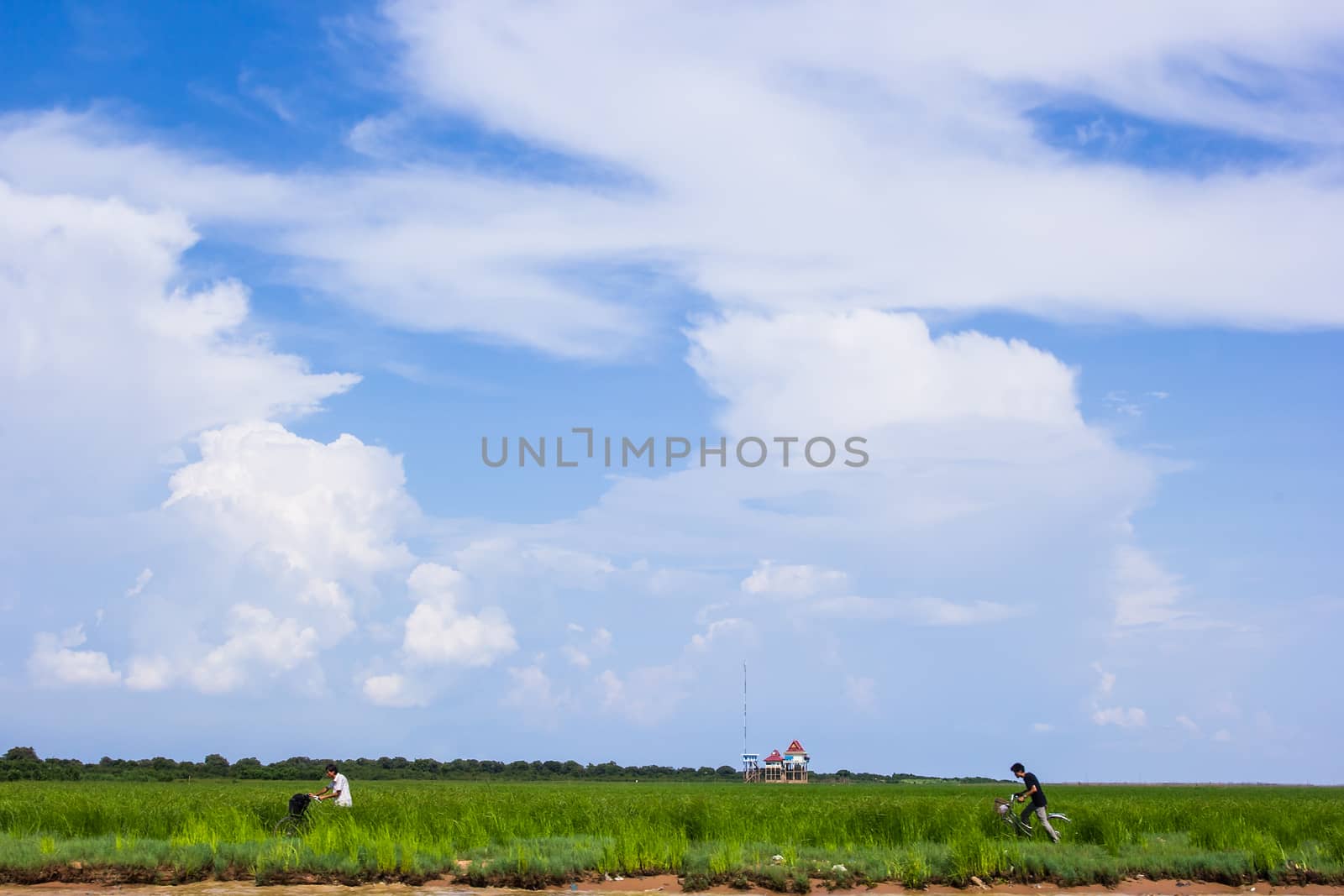 Cambodian people ride bicycle at the shore by kannapon