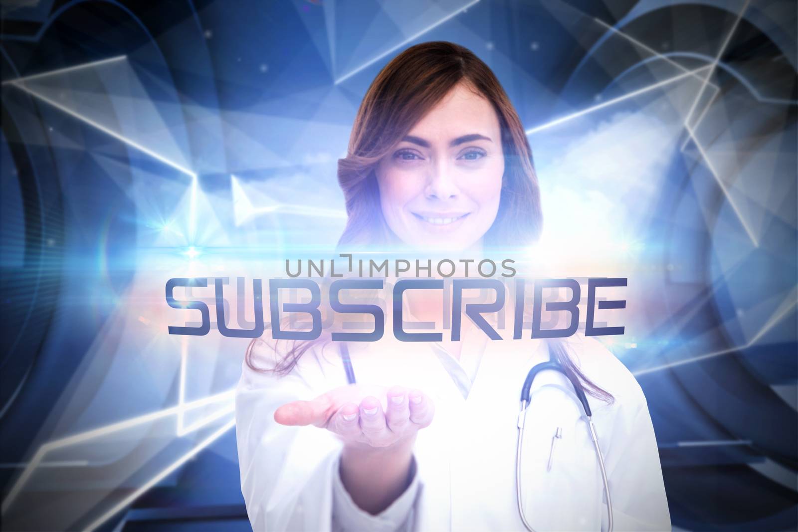 The word subscribe and portrait of female nurse holding out open palm against white abstract angular design