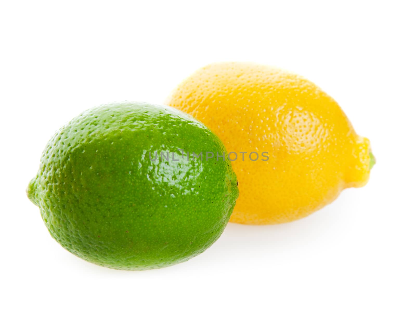 A fresh lemon and a lime.  Studio isolated with soft shadow.  