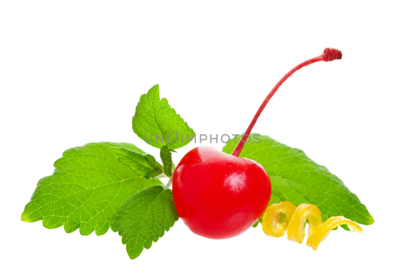 A sprig of Lemon Balm with a cherry and lemon curl garnish.  Shot on white background.