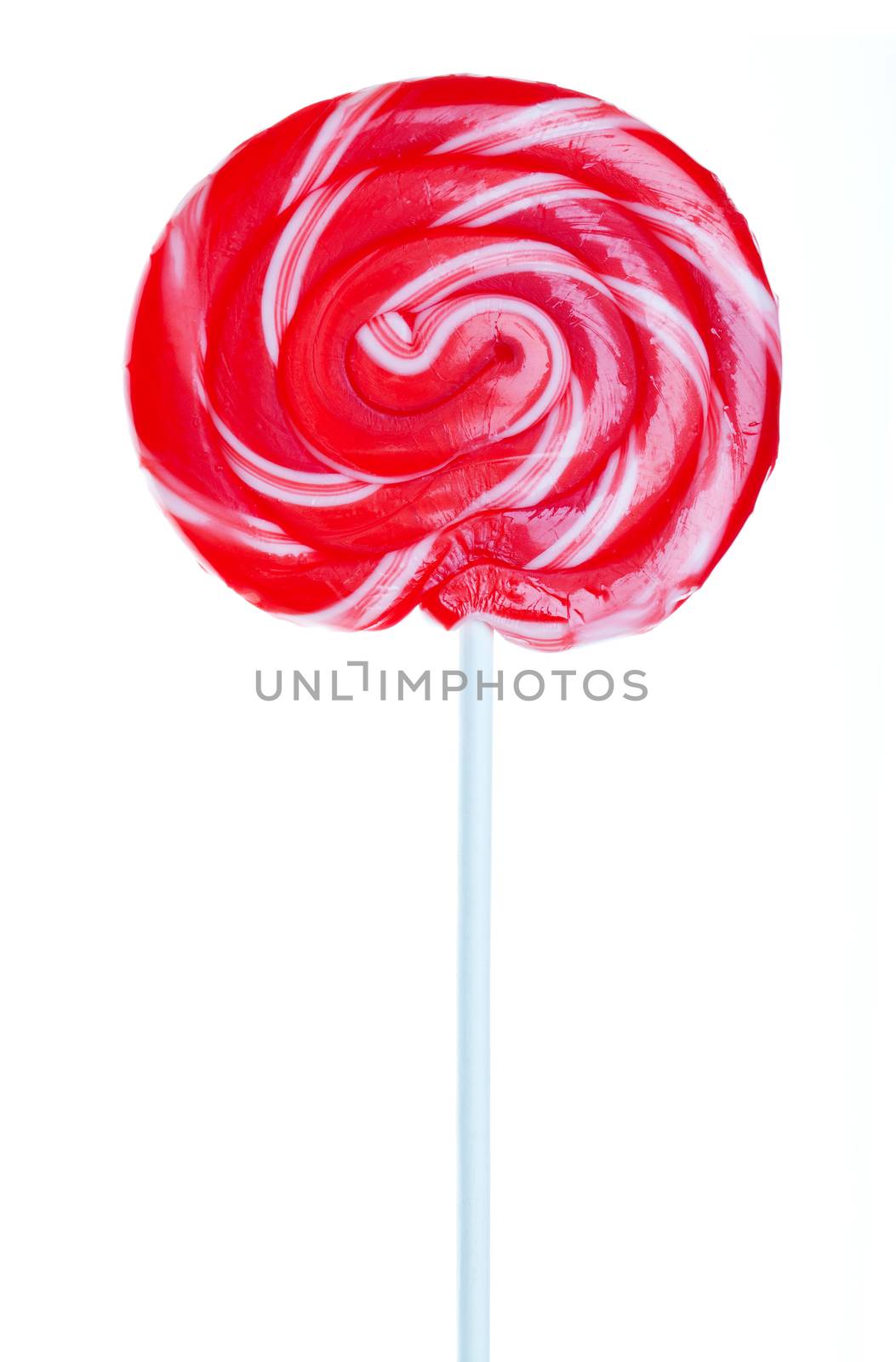 Large, red and white swirled candy lollipop.  Shot on white background.