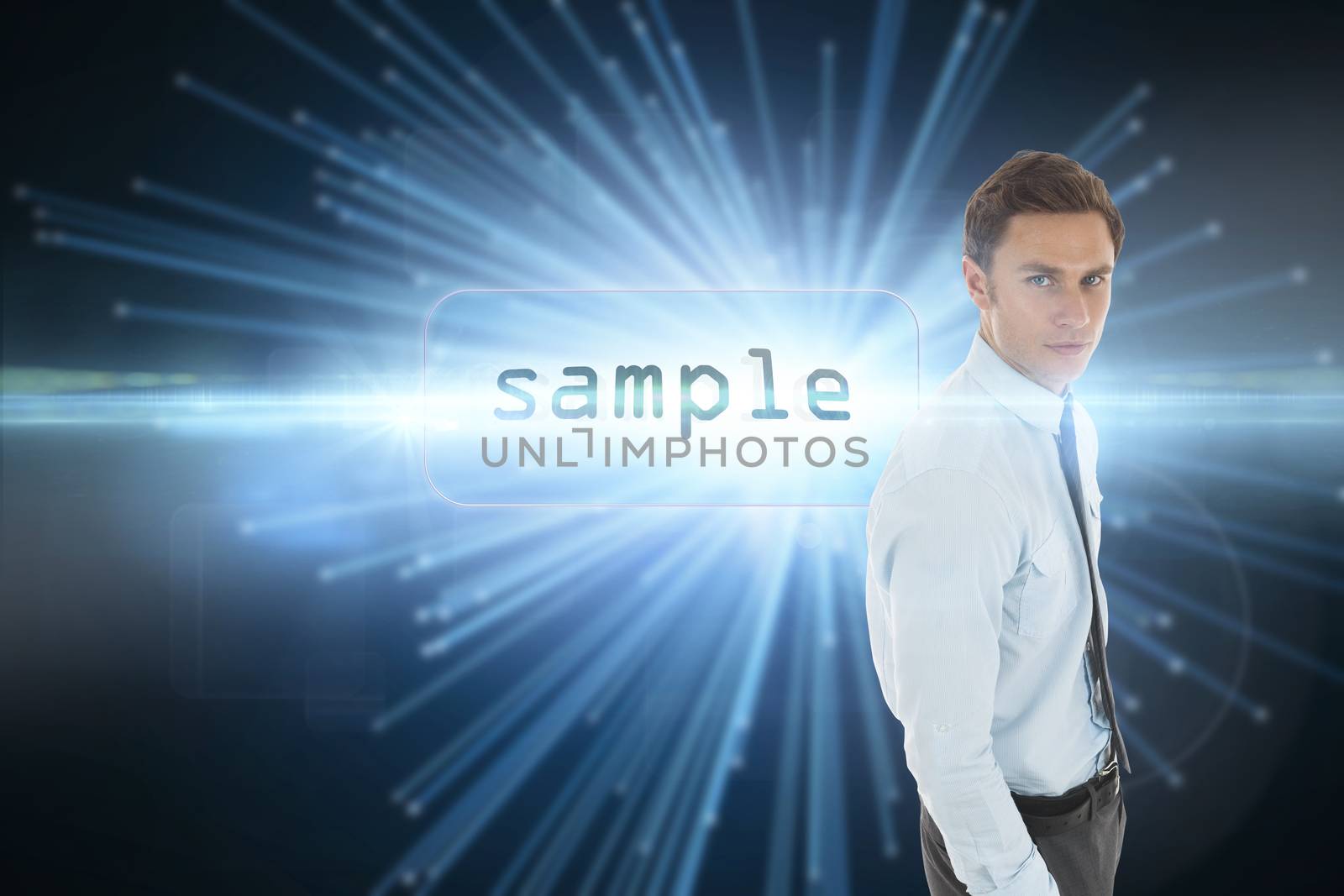 The word sample and serious businessman with hand in pocket against abstract technology background