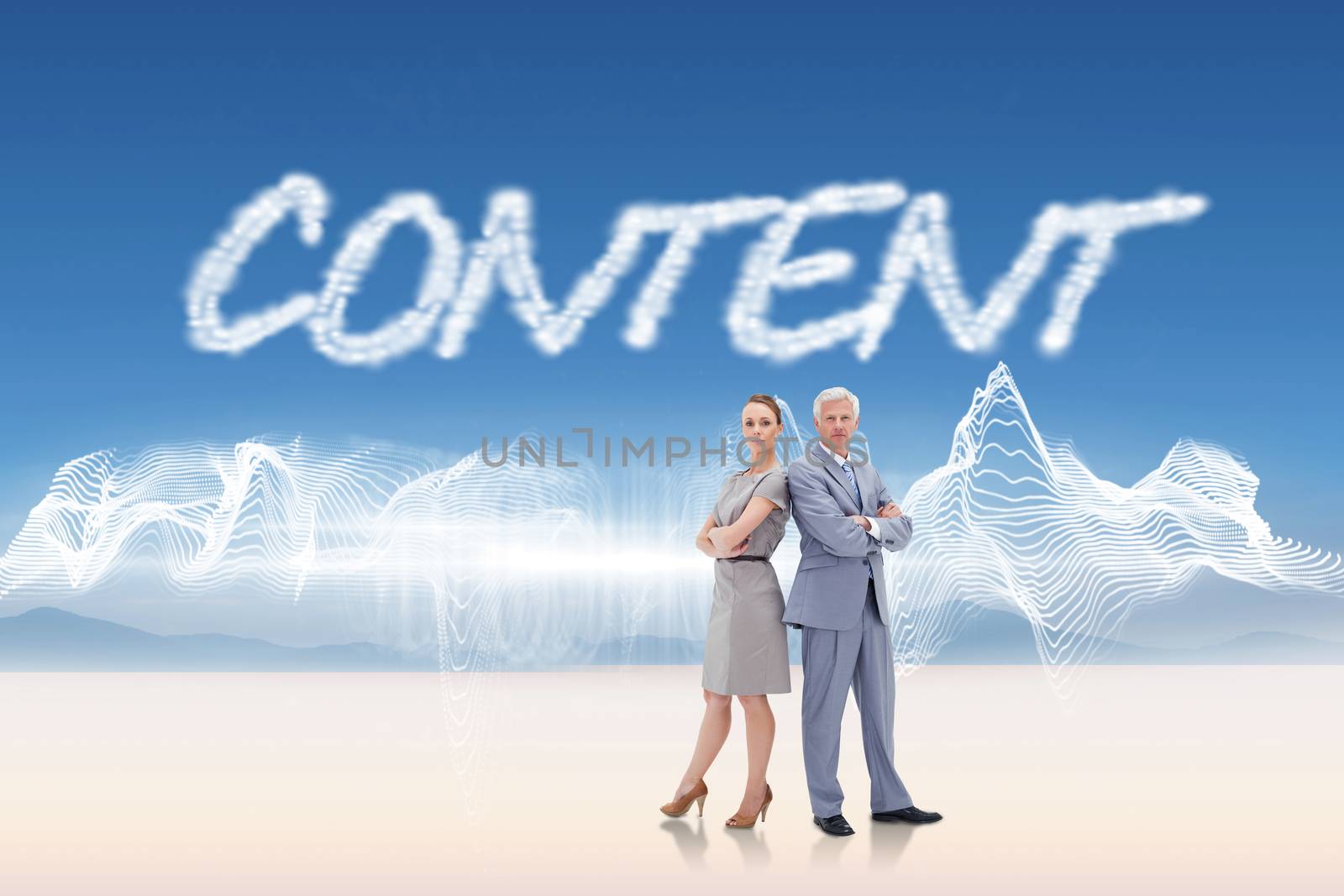 The word content and serious businessman standing back to back with a woman  against energy design over landscape