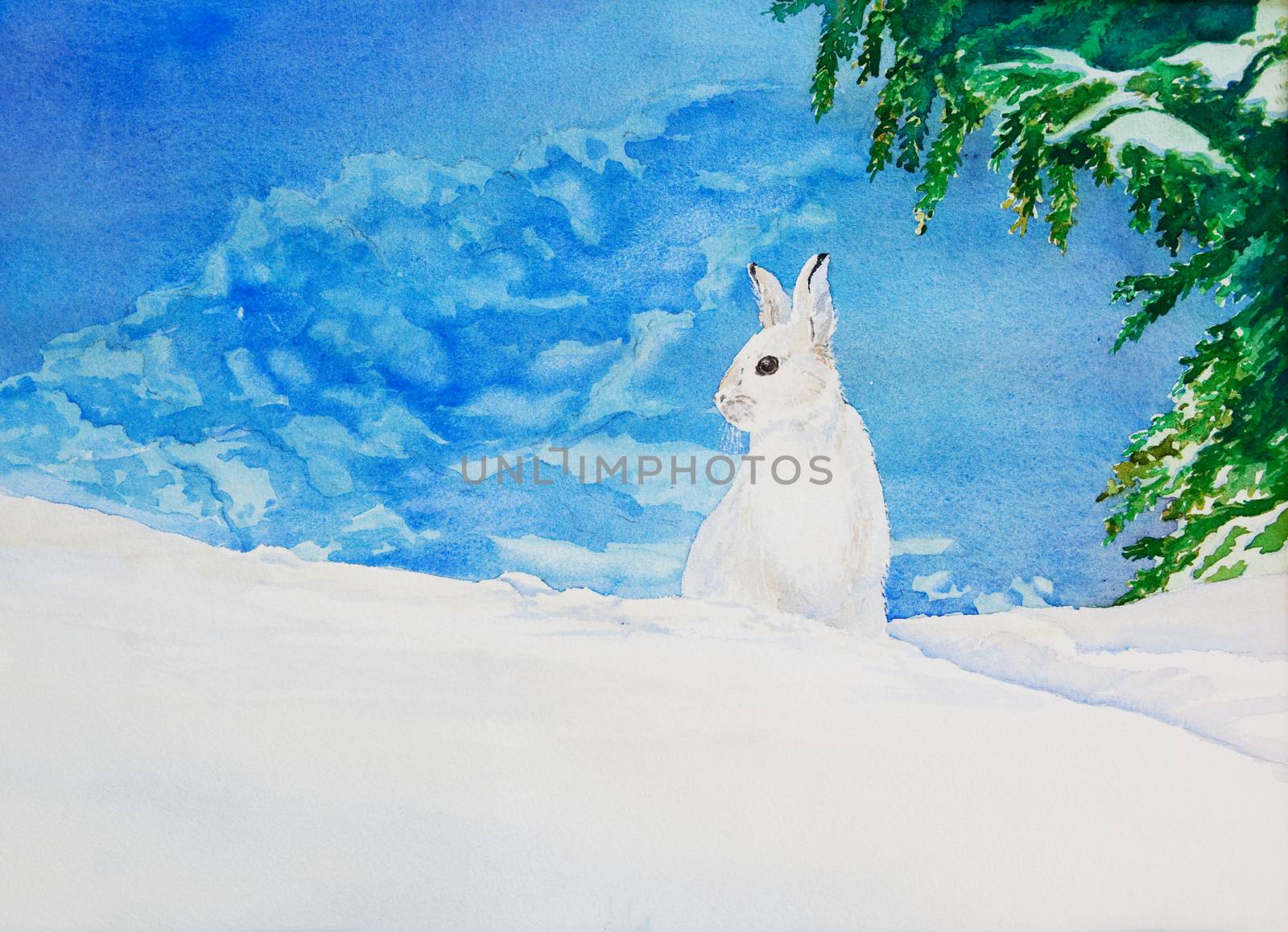 An original watercolor painting of a white rabbit in a snowy, winter landscape.