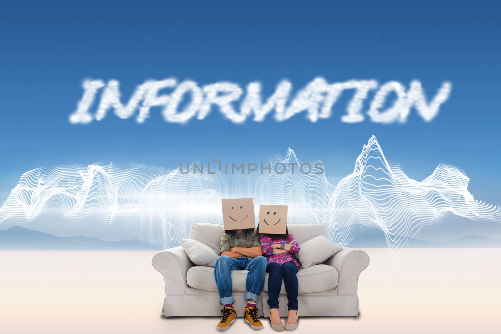 The word information and silly employees with arms folded wearing boxes on their heads against energy design over landscape