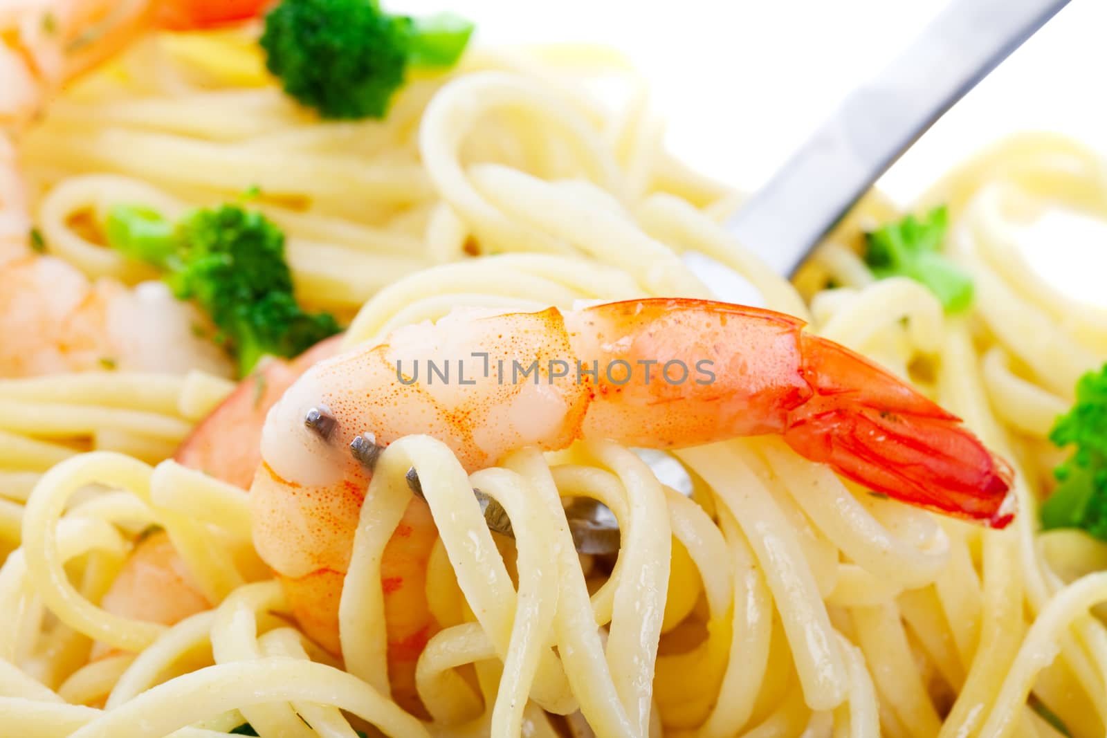 Macro of Shrimp Linguini with broccoli.  Focus on shrimp. 