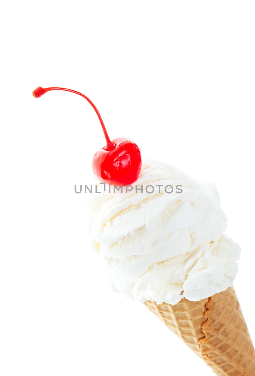 Vanilla ice cream, in a sugar cone, topped with a single, red cherry.  Shot on white background.