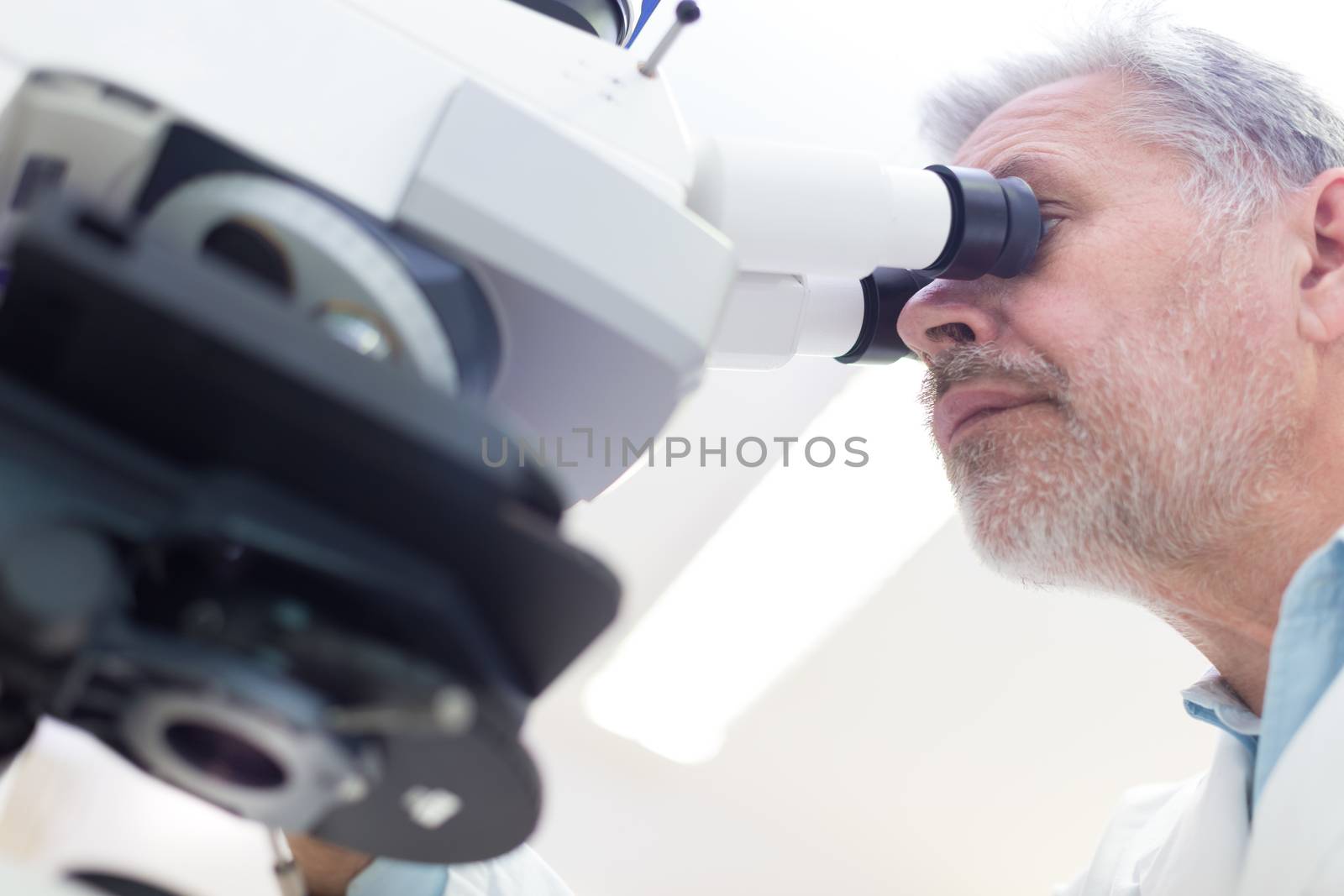 Senior scientist  microscoping in lab. by kasto