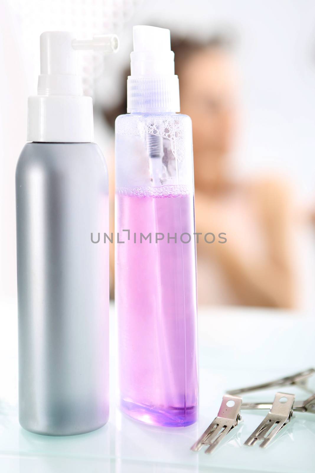 cosmetic composition set on bathroom shelf