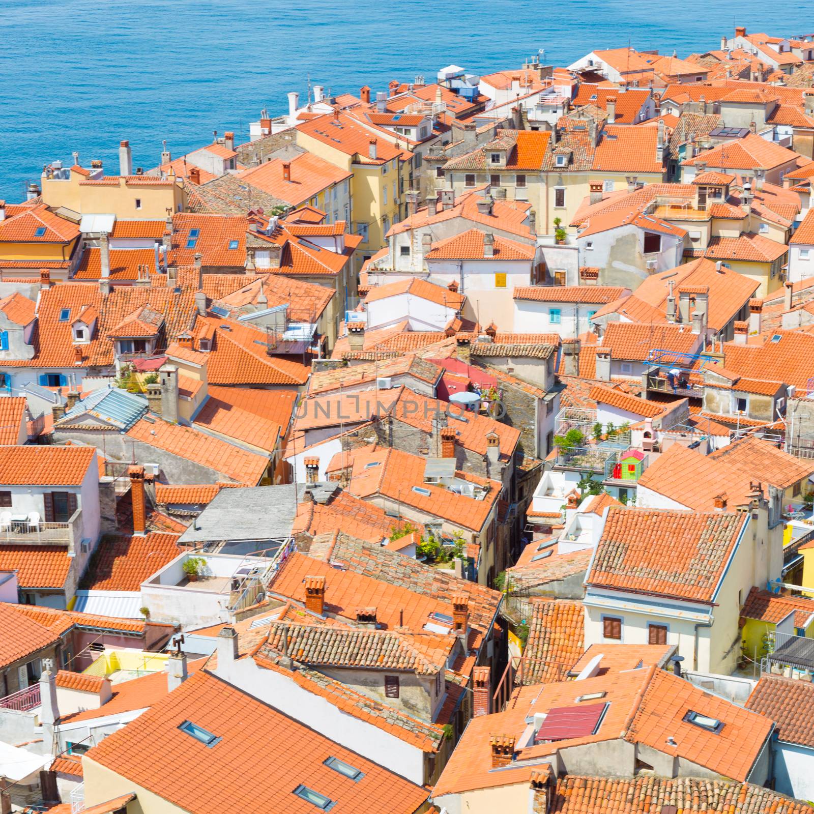 Picturesque old town Piran - beautiful Slovenian adriatic coast. Aerial view of Tartini Square.