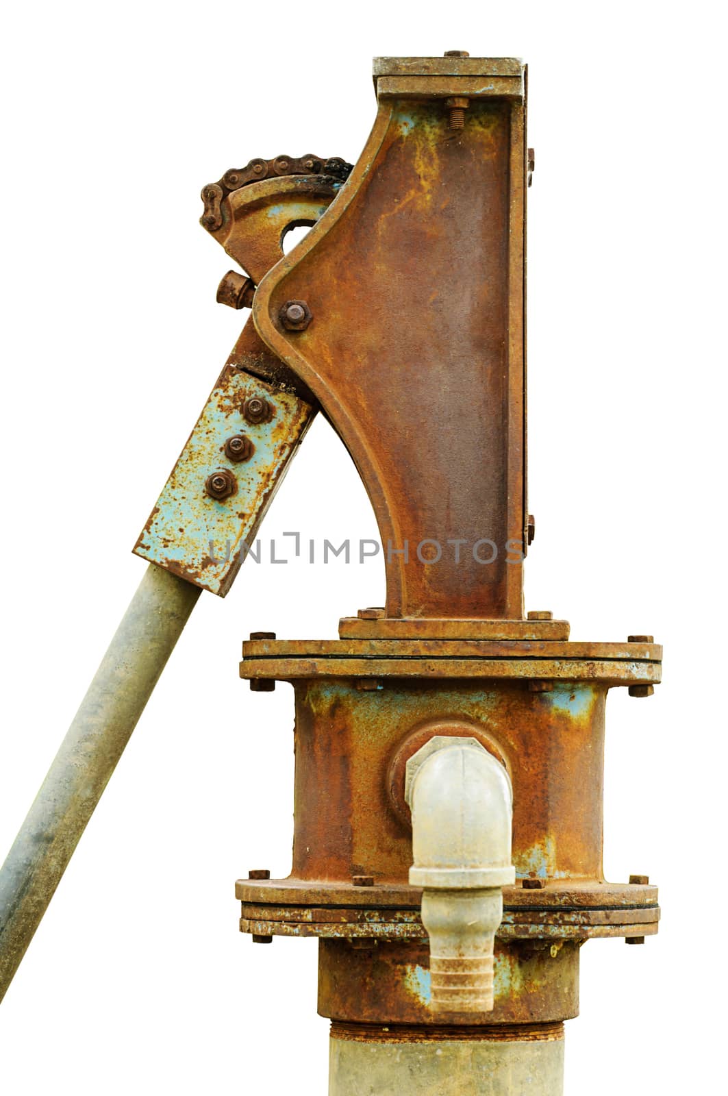 Old aged rusty water pump isolated close up on white background