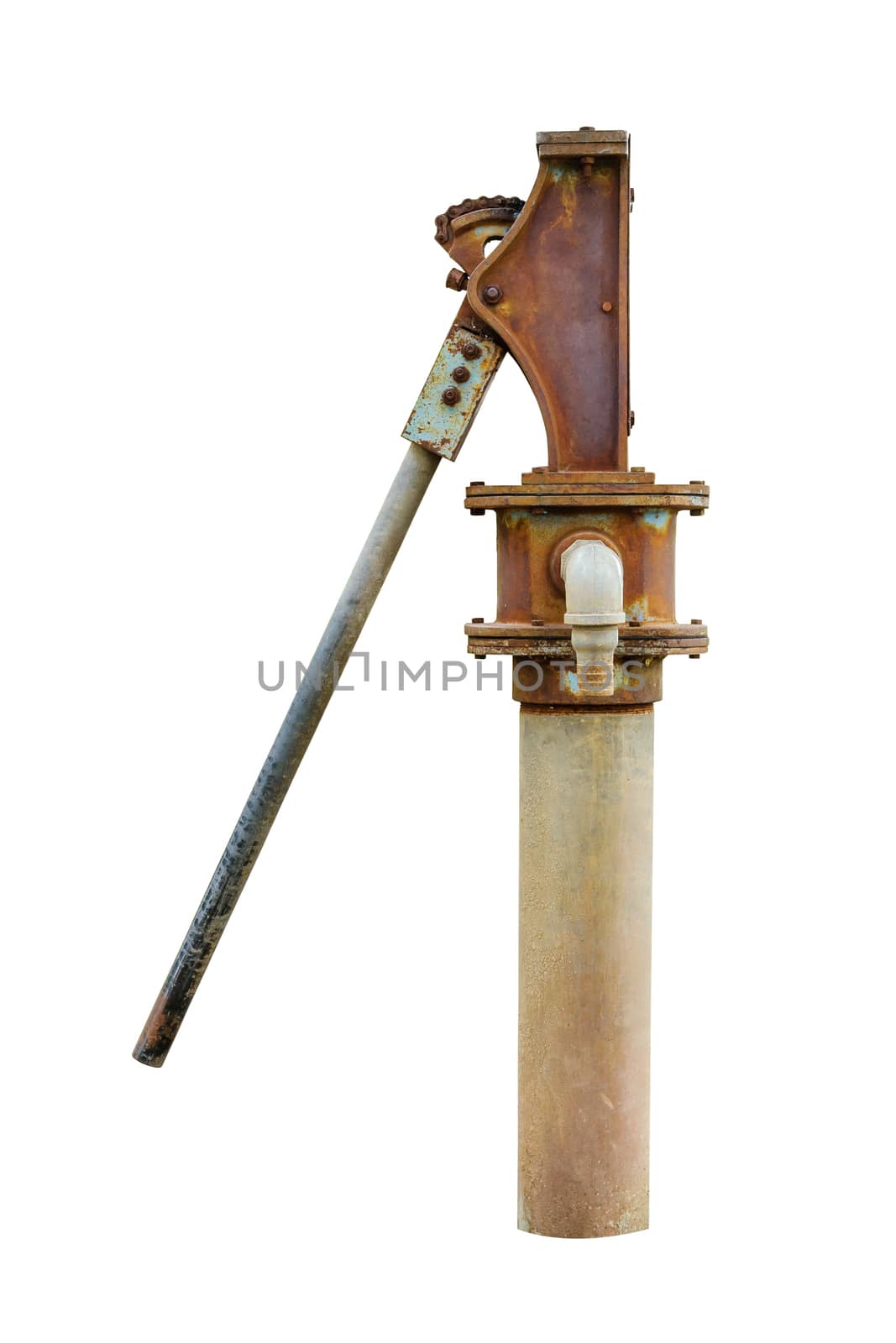 Old aged rusty water pump isolated close up on white background