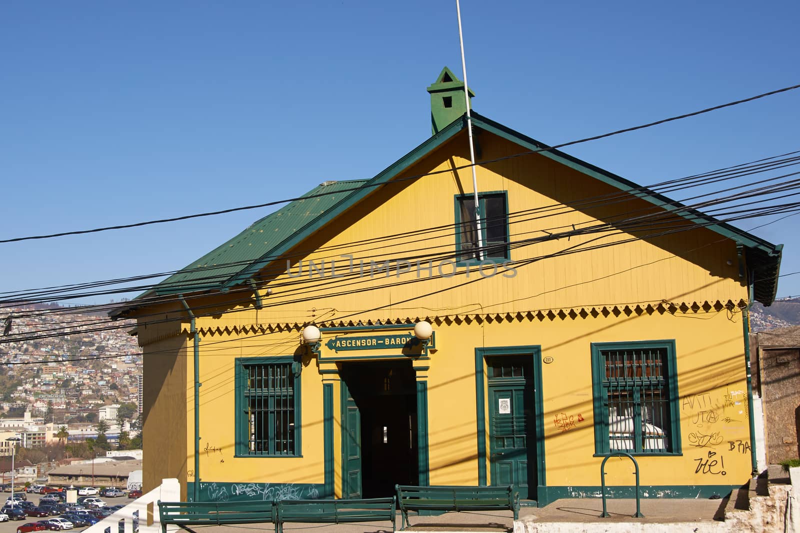 Upper station of Ascensor Baron. Historic funicular, built around 1906, in the world heritage coastal city of Valparaiso in Chile.
