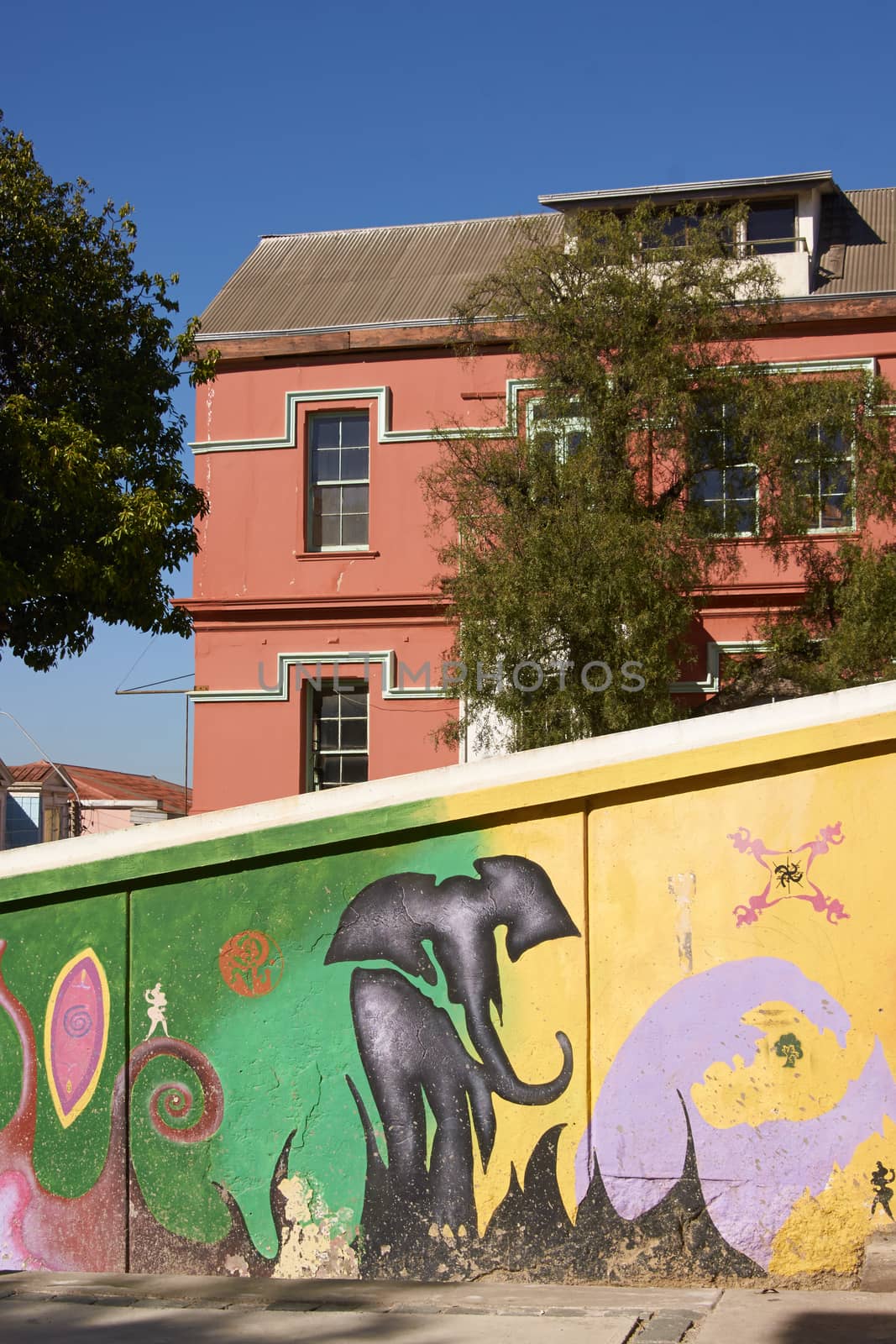 Colourful graffiti decorating a street in the world heritage city of Valparaiso in Chile