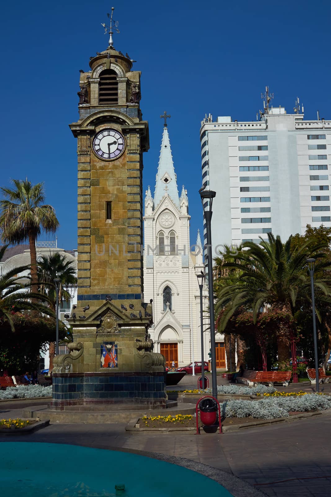 Historic Clock Tower in Armas Square in the port city of Antofagasta, Chile.