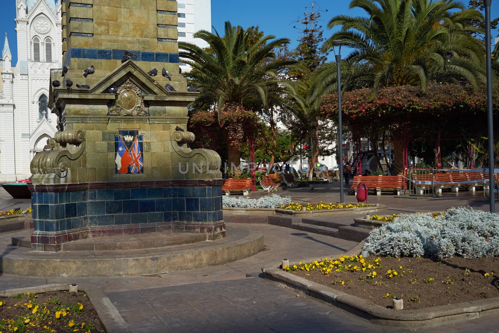 Historic Clock Tower in Armas Square in the port city of Antofagasta, Chile.