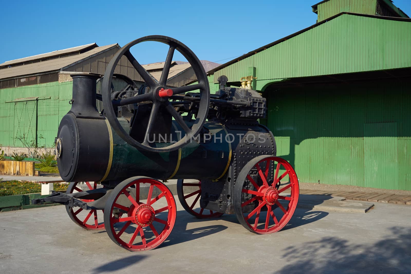 Historic steam engine of the Ferrocarril de Antofagasta a Bolivia (FCAB) in the railway yard in the port city of Antofagasta, Chile