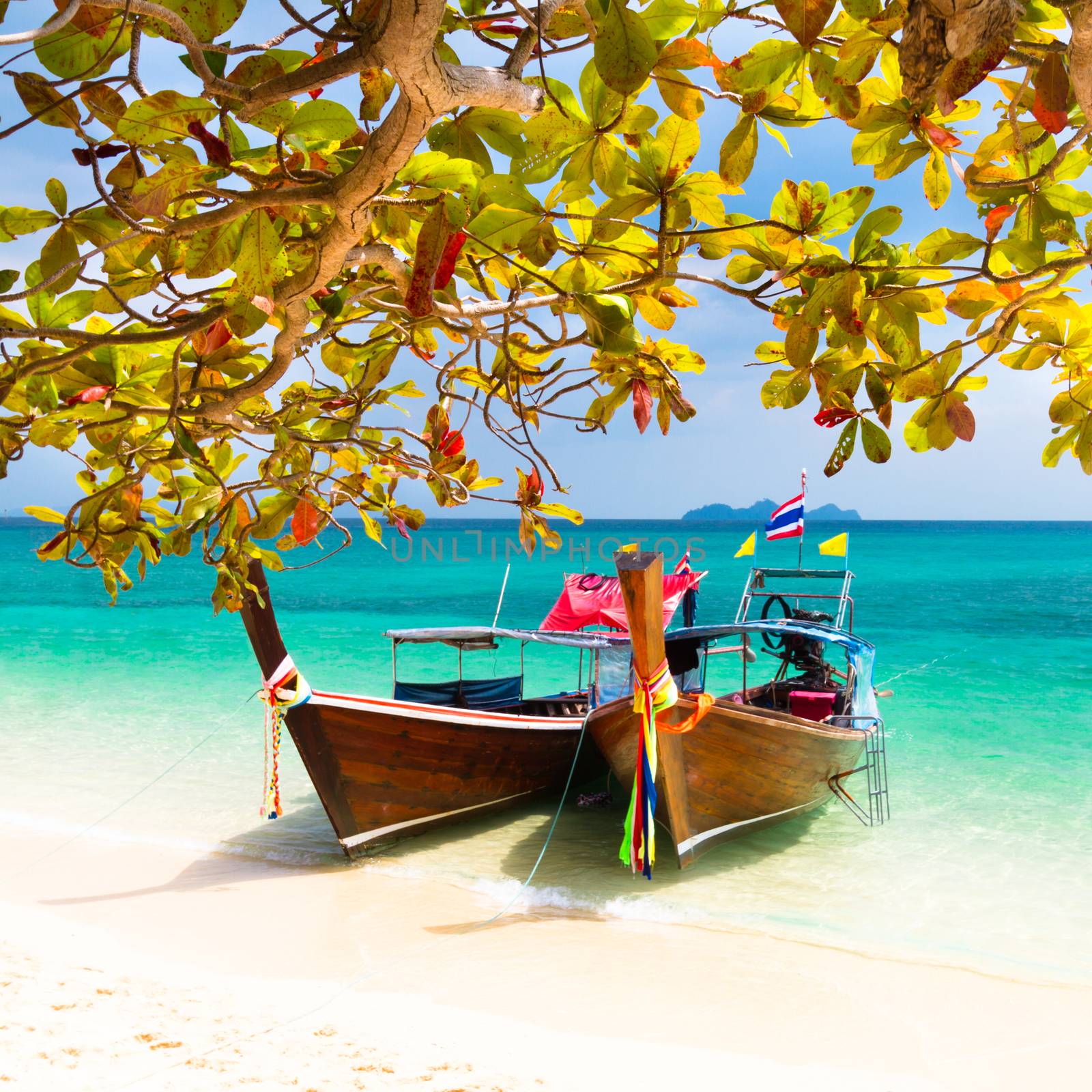 Traditional wooden long tail boats on a picture perfect tropical beach near Phuket, Thailand, Asia.
